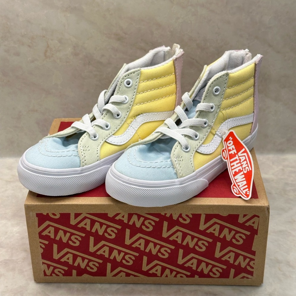 Vans Kids High-Top Sneakers in Pastel Yellow, Light Blue & Pink